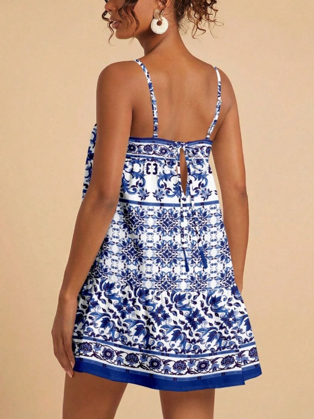 White Boho Women's Mediterranean Geometric Floral Spaghetti Strap Short Dress - Picture 3 of 8